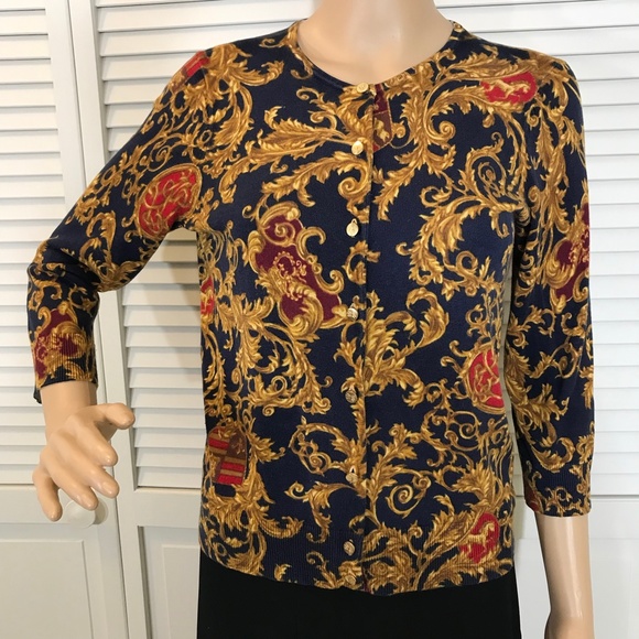 Lauren by Ralph Lauren Gold Leaf Design Printed Cardigan Medium - Picture 1 of 14